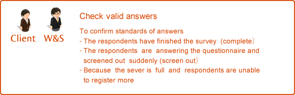 Check valid answers. To confirm standards of answers. - The respondents have finished the survey  (complete）. - The respondents  are  answering the questionnaire and screened out  suddenly (screen out）. - Because  the sever is  full  and  respondents are unable to register more.